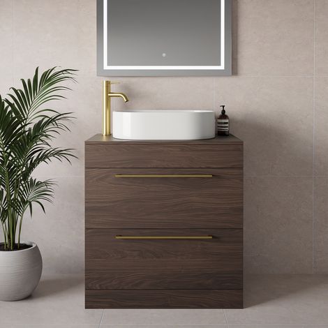 Napoli 460 Brown Oak 800mm 2 Drawer Vanity Unit for Countertop Basins - 800mm - Brushed Brass 480mm Handle