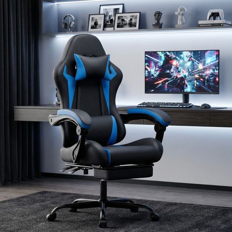 Silla ergonómica para gaming - 58,5 x 63 x 120,5 cm - Silla para gamers con reposapiés y soporte lumbar - Negro y azul (1/5)