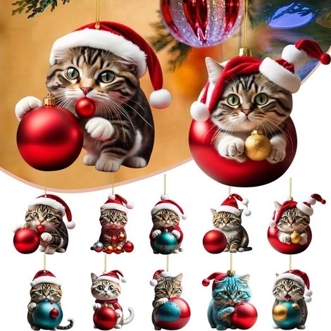 Lot de dix pendentifs acryliques chat pour sapin de Noël décoration d arbre de Noël avec chat huit centimètres (1/5)
