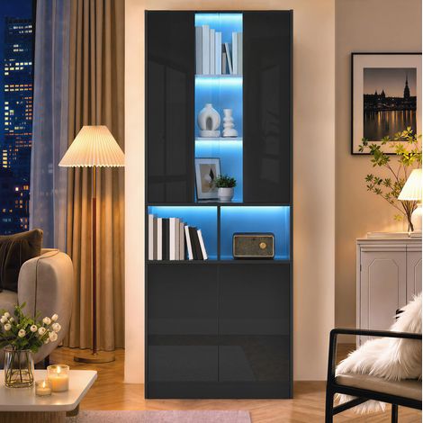 Vitrine haute avec éclairage LED, fenêtre acrylique, 70 x 35 x 180 cm, noire HAVRYA (1/5)