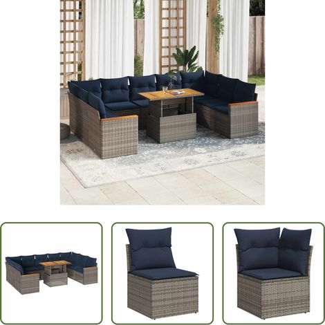 vidaXL Meuble extérieur - Salon de jardin avec coussins 10 pcs gris résine tressée (1/5)