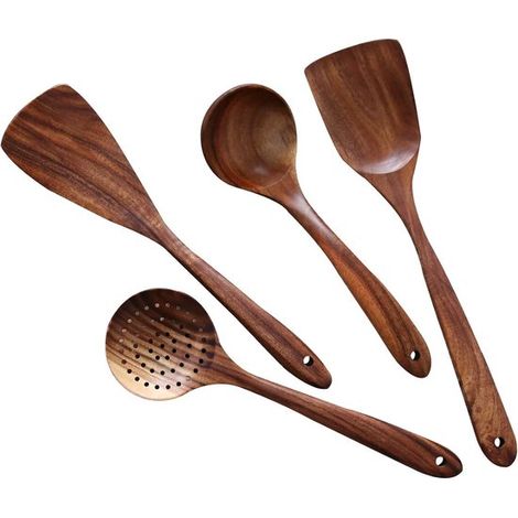 4-teiliges Teakholz-Spatelset Holzspatel Suppenkelle Sieb Wok-Spatel Suppenkellen Kochutensilien Küchenhelfer Küchenzubehör Für beschichtete (1/5)