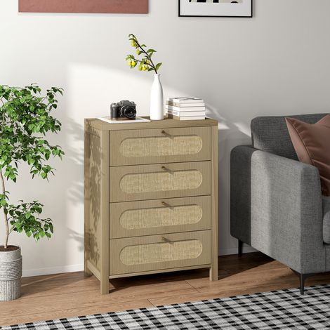 Commode 4 tiroirs meuble de rangement style bohémienne avec portes résine tressée. 70 x 38 x 93 cm. effet bois naturel