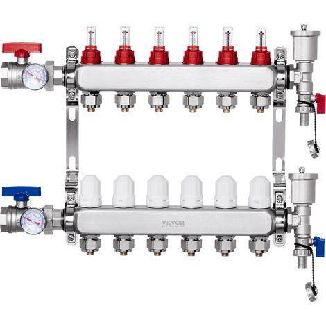 VEVOR Collettore di Riscaldamento Radiante a 6 Rami, Collettore per Tubi PEX da 12,7 mm in Acciaio Inossidabile PEX, con Adattatori da 12,7 mm, per Pavimento Radiante Idronico, Kit Collettore PEX