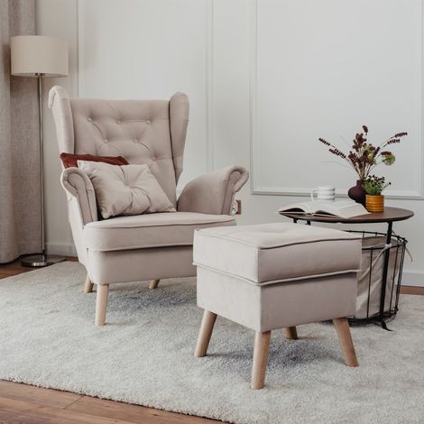 Sessel Ohrensessel ALISON inkl. Hocker in Stoff Trinity Beige
