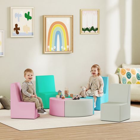 Parcours motricité bébé 8PCS mousse EPE housse PU design table chaises multicolore. Parcours modulable transformable en table et chaises, ingénieux et pratique. (1/5)