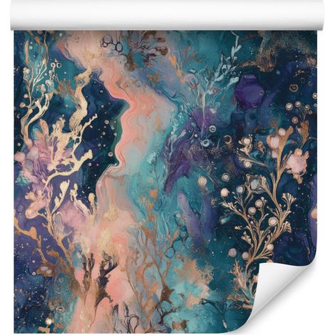 Carta da parati con inchiostro blu navy, turchese e beige per soggiorno e camera da letto, 50x1000 cm. (1/5)