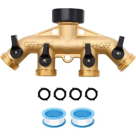 Lot de 1 séparateur de tuyau d'arrosage à 4 voies en laiton robuste pour connecteur de tuyau d'arrosage de 1,9 cm avec rondelles et rubans en caoutchouc (1/5)