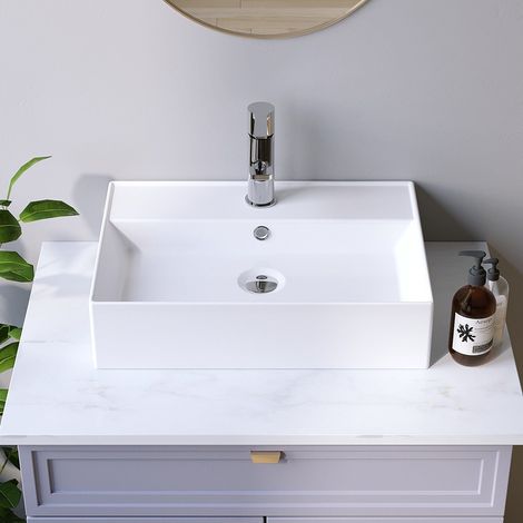 Waschbecken Keramik Weiß Aufsatzwaschbecken für das Badezimmer und Gäste-WC Handwaschbecken 5 - Eckig - 50 x 35 x 12,5 cm