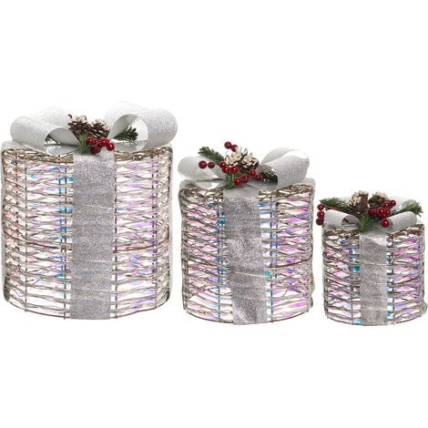 Set of 3 Light-Up Christmas Gift Boxes Silver with LED Lights Holiday Decorations with Bows for Indoor Use JULSO (1/5)