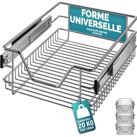CASARIA® Tiroir télescopique de rangement pour armoire cuisine réfrigérateur 30cm/40cm/50cm/60cm tiroir de cuisine métal  40cm.Set de 3