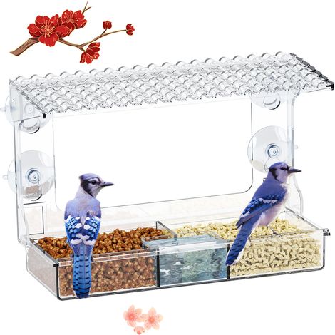 Vogelfutterhaus für das Fenster im Außenbereich mit transparentem Glas und vier Saugnäpfen, zur Anbringung an Fenstern für Kolibris und Spatzen in Gärten und Innenhöfen (1/4)