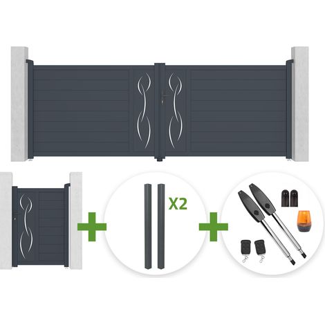 Portail battant 4m LIFE H.140cm gris + Portillon 1m LIFE H.140cm + 4 poteaux ELDA + motorisation Tanker B250 (1/5)