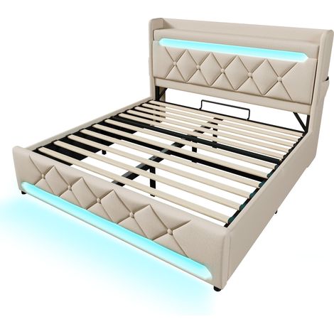Letto matrimoniale 160 x 200 cm con contenitore, testiera USB e USB-C, LED 360°, beige, lino (1/5)