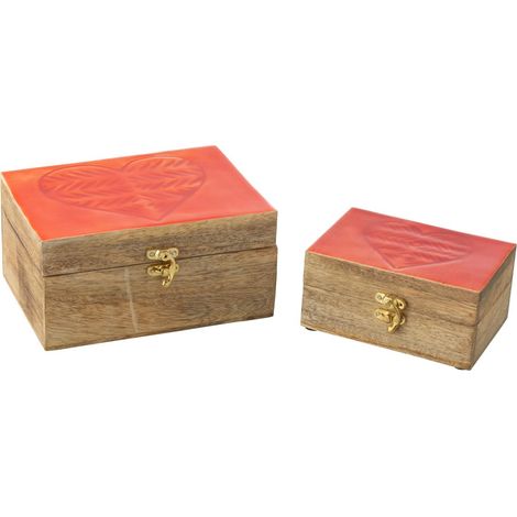 Lot de 2 Boîtes Déco en Bois "Cœur" 20cm Rouge & Naturel (1/2)