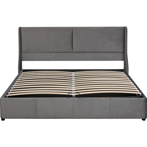 CAIziLit rembourré, forme d’oreille, tête de lit coussin, lit double, lit fonctionnel hydraulique, 160 x 200, gris (1/5)