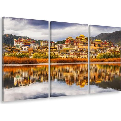 Tableau triptyque paysage monastère bouddhiste yunnan chine - 90x60 cm Toile imprimée (1/5)