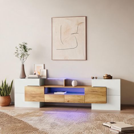 Meuble TV 200 cm blanc laqué brillant avec LED et verre en MDF (1/5)