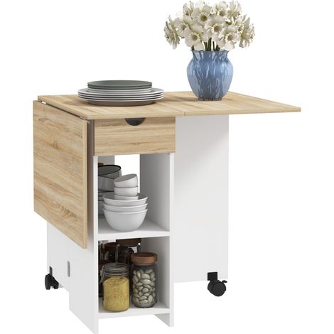 Table à Manger Pliable avec Tiroir et Étagères, Table Gain de Place avec Rallonges pour Cuisine et Salle à Manger en Chêne (1/4)