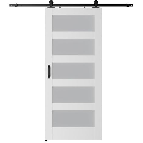 Kit de quincaillerie pour porte de grange Porte de grange en verre à 5 panneaux avec kit de quincaillerie et poignée for porte coulissante, noyau en bois MDF massif et placage en PVC écologique imperm (1/5)