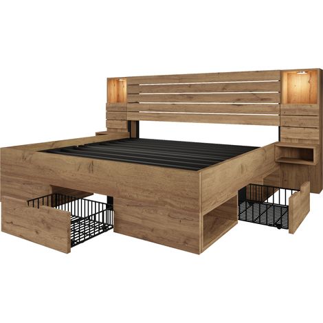 Lit double en bois 180x200 cm avec spots LED et USB Type-C, niche éclairée, tables de chevet flottantes, rangement sous le lit avec tiroirs, aspect chêne, sans matelas (1/5)
