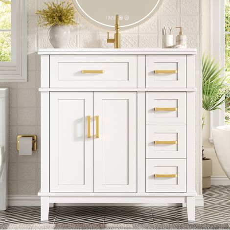 Meuble de salle de bain avec vasque en céramique, 76 x 46,5 x 86 cm, MDF et métal, blanc HAVRYA (1/5)