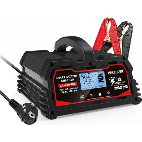 Chargeur de Batterie de Voiture 40 A/20 A 12 V/24 V 20 A/10 A Chargeur de Batterie de Voiture entièrement Automatique Intelligent avec écran LCD, chargeurs pour Batterie LiFePO4 12 V - Noir (1/5)