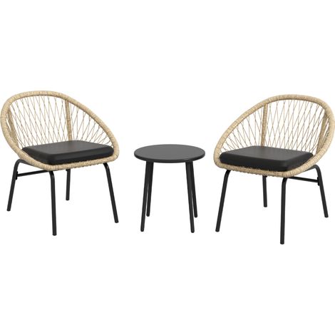 Set da giardino in rattan 3 pezzi con tavolino e 2 sedie giallo con cuscini (1/5)