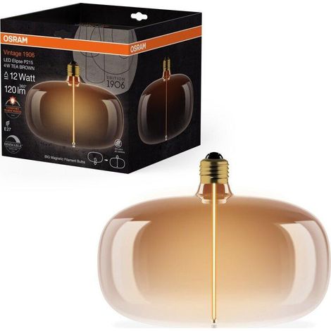 OSRAM Vintage 1906 Big Elipse ist eine dimmbare LED-Lampe mit Filament in Ellipsenform. Sie bietet 4 W für 120 lm, E27 Fassung, Tea Brown Glas, 215 mm Durchmesser, Farbwiedergabe CRI 80, 1800 K.