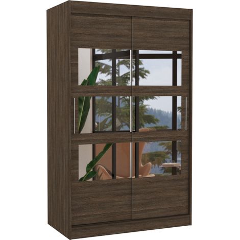 Petite armoire de chambre à coucher 2 portes coulissantes marron avec 6 miroir Kolida 120cm (1/5)