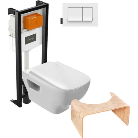 Pack inodoro suspendido sin cerco JACOB DELAFON Struktura + estructura soporte + placa blanca + taburete madera
