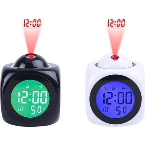 Réveil à projection numérique LED Angle réglable Température Rapport vocal 12 ou 24 heures Fonction snooze Alimentation USB ou batterie Convient pour chambre à coucher, bureau, maison (blanc)