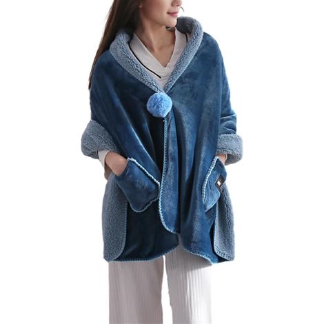 Cape Polaire Chaude et Confortable pour Femmes, Veste de lit à Boutons en Polaire Douce avec Poches, en Polyester léger, Bleu (1/5)