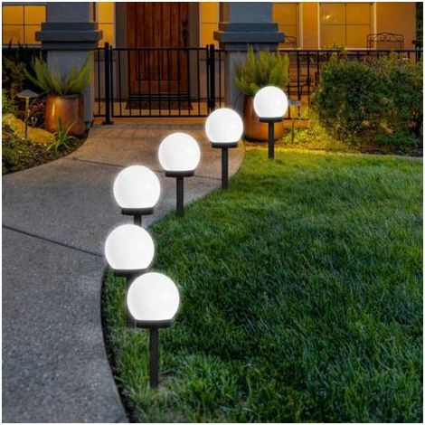 Lot de 6 balises LED solaires, LED RVB, lampes solaires d'extérieur en forme de globe lumineux sur piquet pour jardin, allée, blanc froid, (1/4)