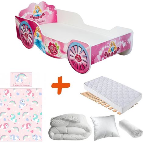 Lit carrosse princesse 140 x 70 cm – Lit en MDF avec sommier à lattes – Matelas mousse 7 cm – Drap housse coton 100% – Bebegavroche