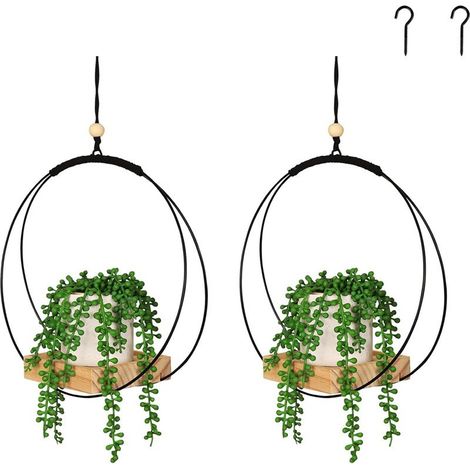 Lot de 2 Suspensions Macramé pour Plantes 107 cm, Support Pot de Fleurs avec Base en Bois et Crochet, Décoration Intérieur et Extérieur (1/5)