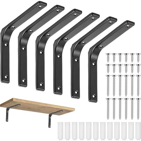 Equerre Etagere Murale, 6 Pièces Équerre Étagère Supports D'étagère, Noir Forme en L Support Etagère Murale avec vis pour Bibliotèque Salon Chambre (150 x 125 mm)