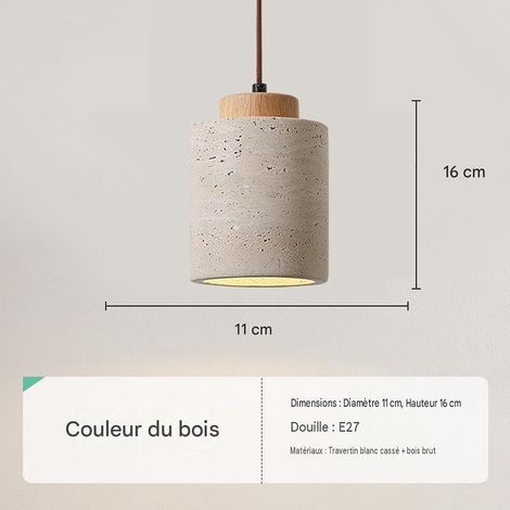 Suspension B bois naturel, pierre travertin noyer, douille E27 220V, lumière tricolore