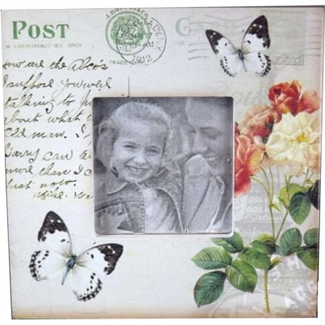 Cornice portafoto da terra con motivo floreale e farfalle, 14,5x14,5 cm.
