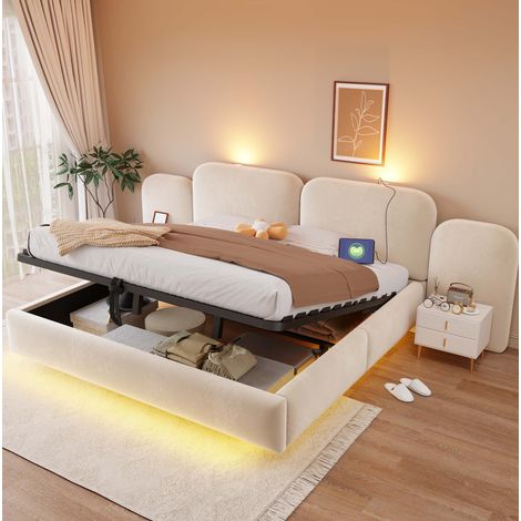 Cama tapizada 180/200 cm beige de terciopelo con arcón hidráulico, LED RGB y puertos USB/USB-C (1/5)