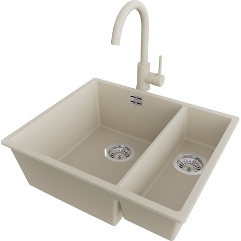 PRIMAGRAN Evier Cuisine en Granit 56x47cm,Lavabo 1,5 bacs + Robinet 32x20cm + Kit de Vidage, Évier à Encastrer au meuble 60cm - London Slim Duo, Beige (1/5)