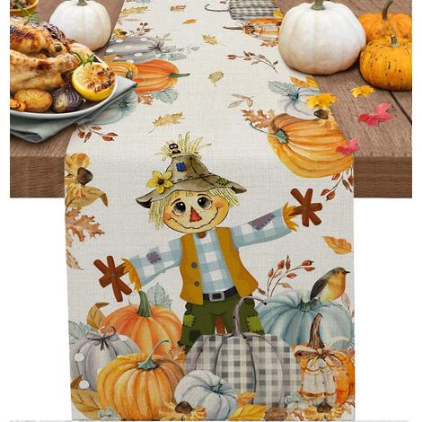 Chemin de table en lin et coton avec motif épouvantail et citrouilles, idéal pour la fête de Thanksgiving. Décoration automnale pour une table de ferme ou un dîner. (1/5)