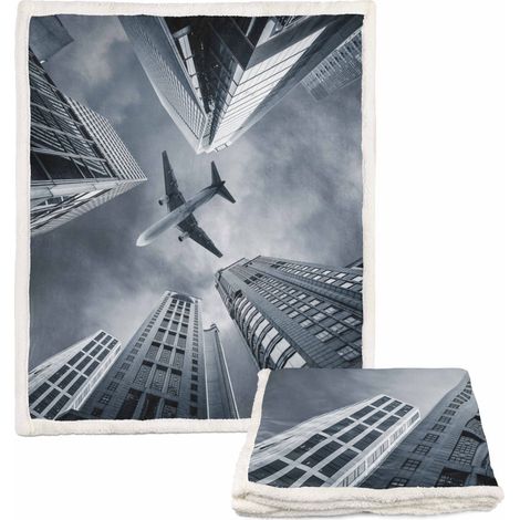 PLAID BLANKET IN PILE SHERPA fantasy HD AIRPLANE gratte-ciel