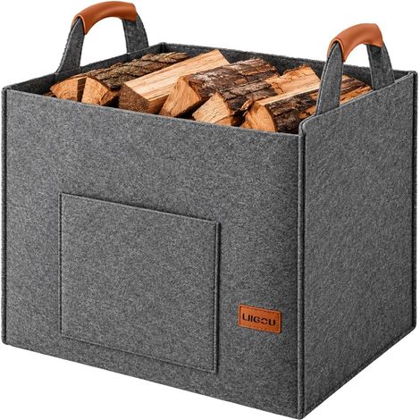 Panier à bois XXL pour bois de cheminée - En feutre extra épais - 60 l - Avec double renfort en feutre et poignées en cuir - Panier en feutre pliable pour bois de cheminée (1/5)