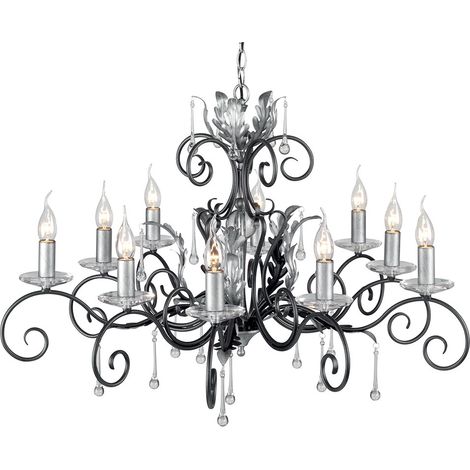 Elstead Amarilli - Lustre à 10 ampoules noir, motif de feuilles florales argentées, E14 (1/4)