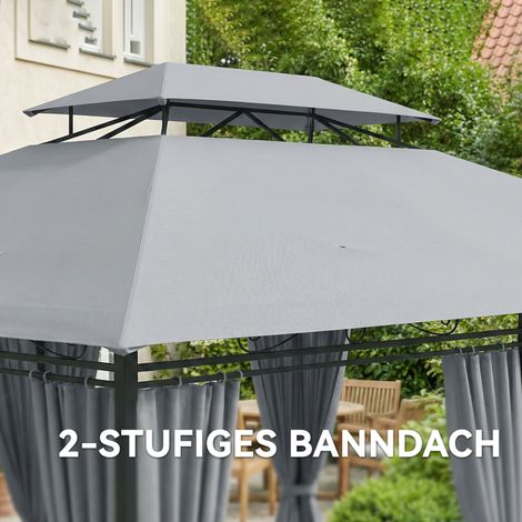 Pavillon de jardin extérieur avec rideaux latéraux, toit ventilé, couleur gris anthracite (1/4)