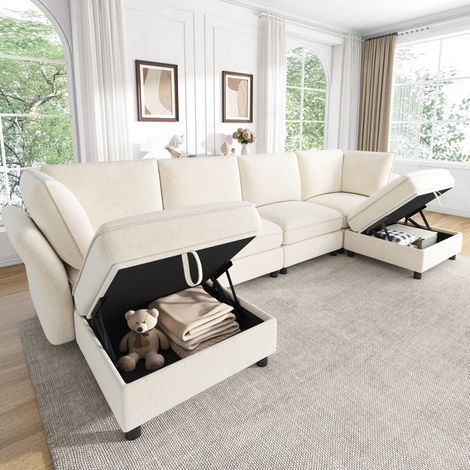 Modulares Sofa in U-Form 289 x 137 x 84 cm aus Chenille in Beige mit Stauraum-Hockern, 6-7 Sitze (1/5)