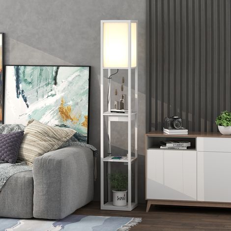 Lampadaire avec étagère à 3 niveaux, interrupteur au pied, ports USB, MDF, blanc (1/5)