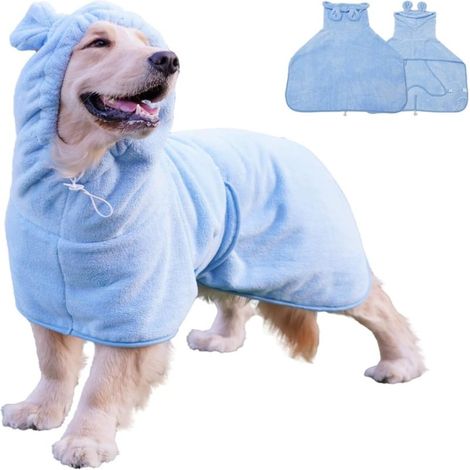 Peignoir pour chien et chat, absorbant, séchage rapide, capuche, col et sangle ajustables (bleu, taille moyenne) (1/5)