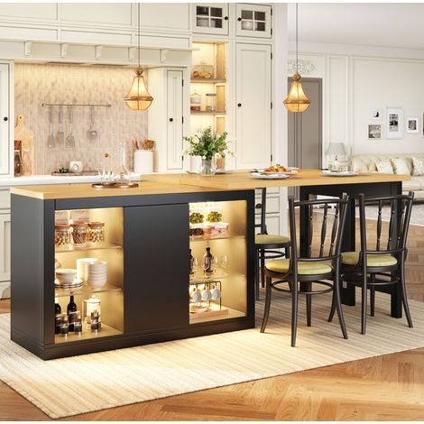 Kücheninsel-Esstisch 120x40x72 cm schwarz aus MDF mit 360° Drehfunktion, ausziehbar bis 197 cm und RGB-LED (1/5)